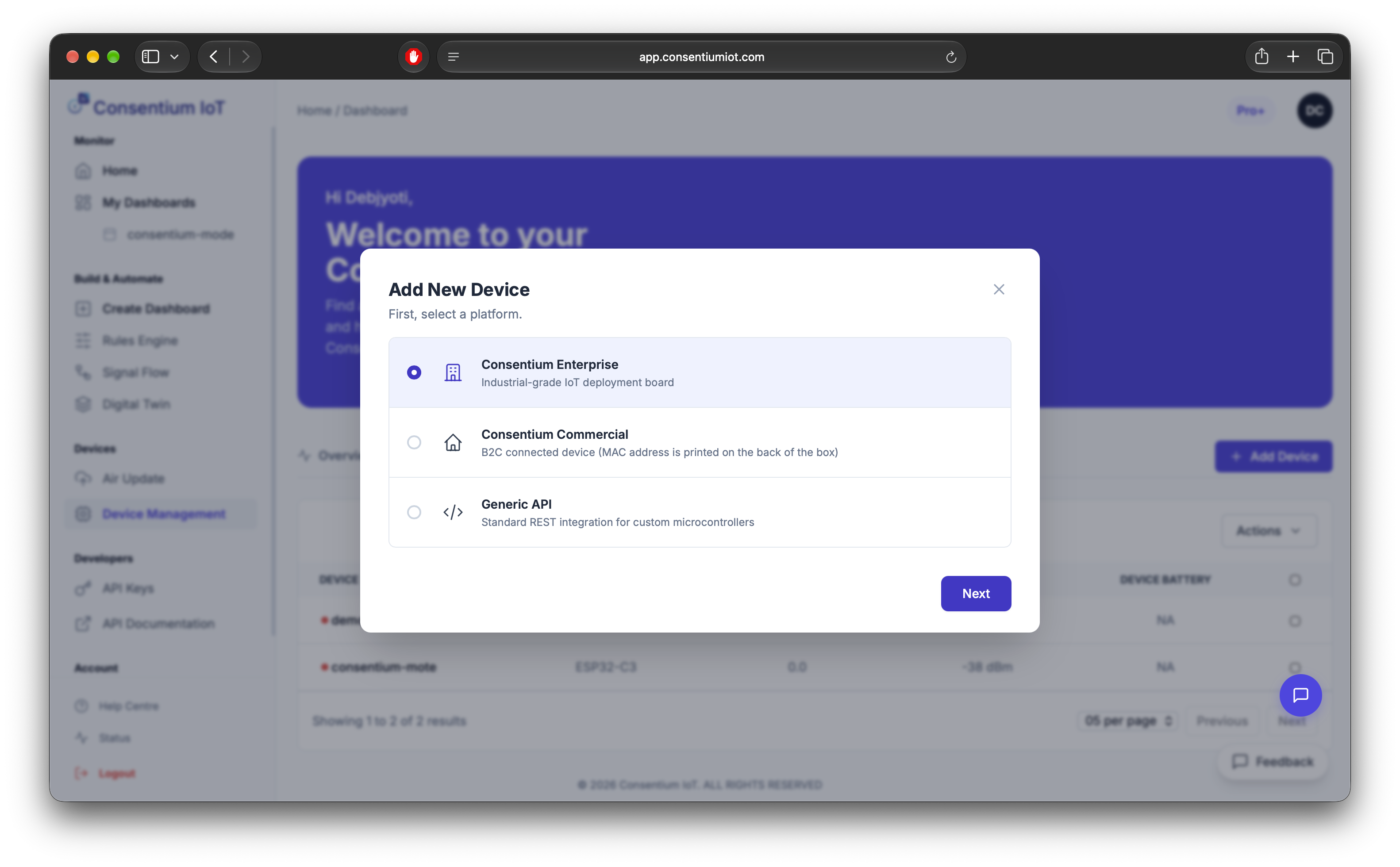 Connect your devices - Consentium IoT walkthrough step