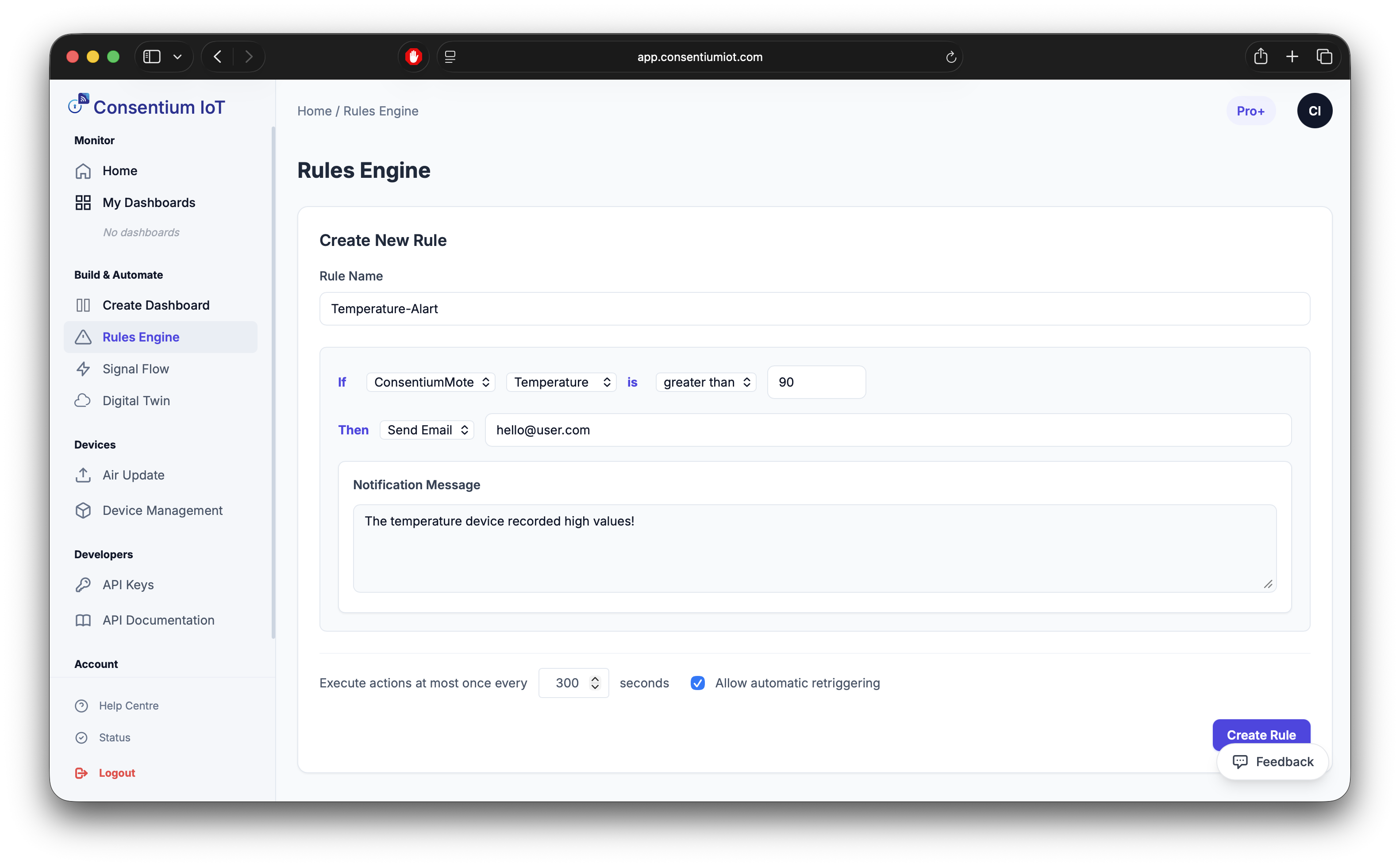 Set rules, get alerted - Consentium IoT walkthrough step